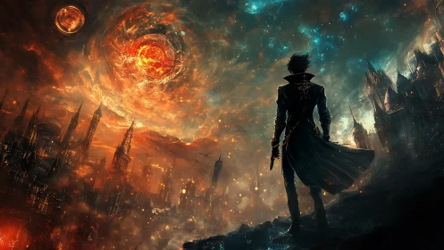 Solitary gunfighter confronts burning orbital anomaly above city