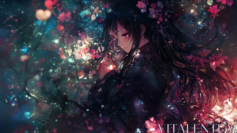 Nocturnal floral aurora around contemplative anime figure.