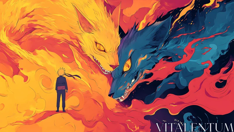 Human figure between opposing fiery and spectral fox forms.