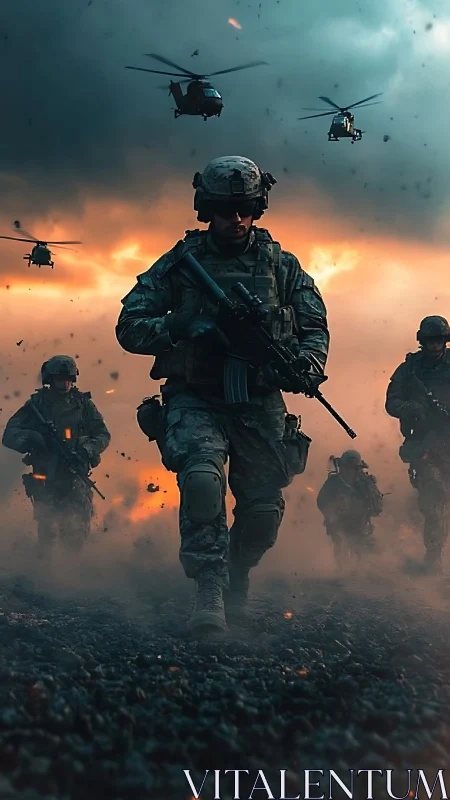 Battle-hardened soldiers advance under helicopter firestorm.