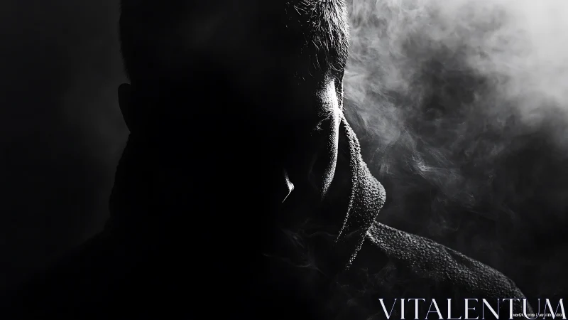 Shadowed male silhouette emerging through swirling smoke.