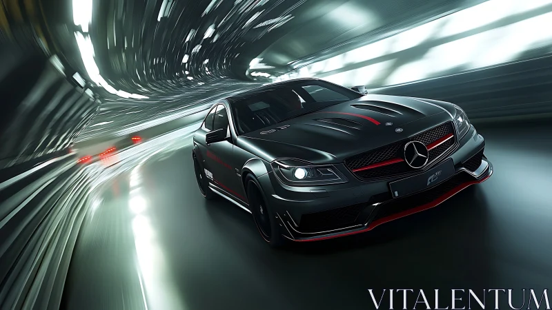 Sleek black sports car racing through a glowing tunnel.