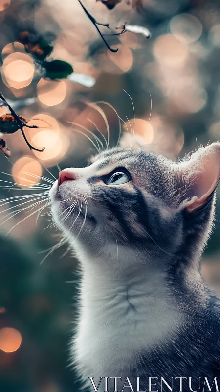 White Cat Gazing Upward. Bokeh Lights Surround.
