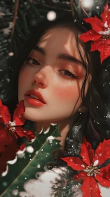 Winter portrait with poinsettias and cinematic soft focus.