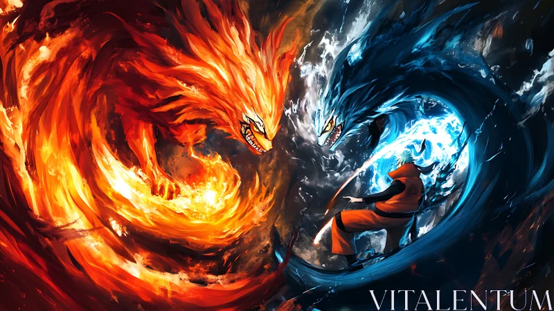 Elemental beasts opposing over central human figure.