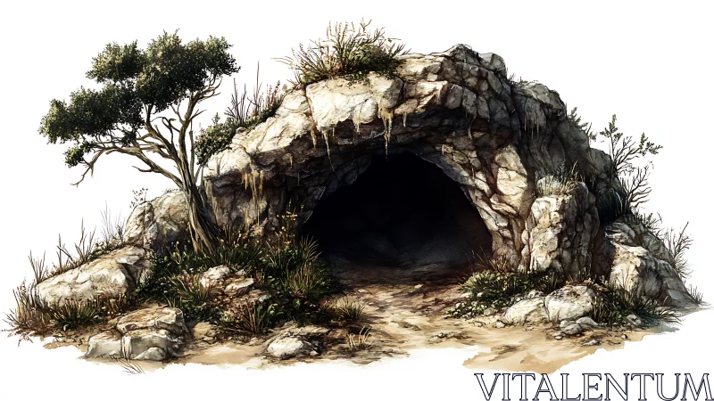 Rocky hillside cave entrance with detailed vegetation rendering