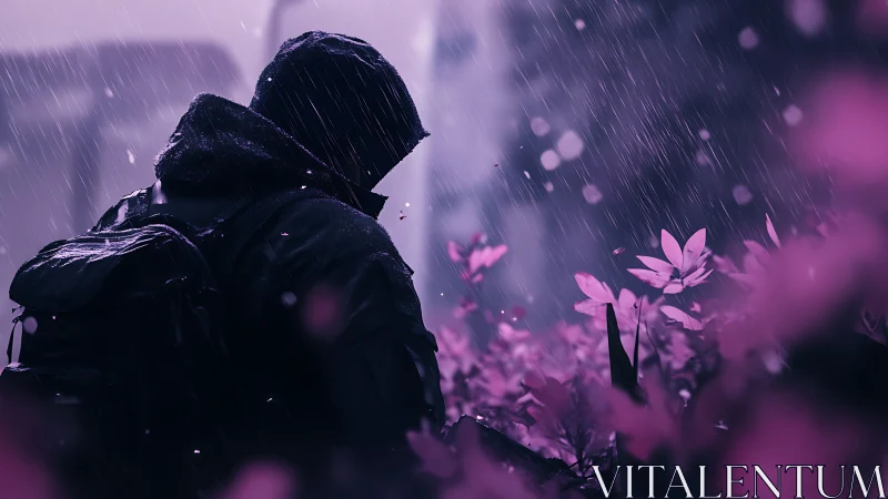 Hooded urban wanderer in violet rain among luminous flowers