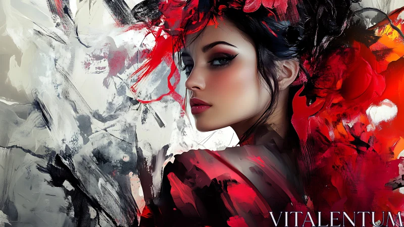 Crimson brushstrokes embrace a poised woman in bold color