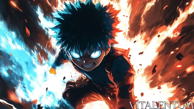 Intense anime hero charging through dual flame vortex.