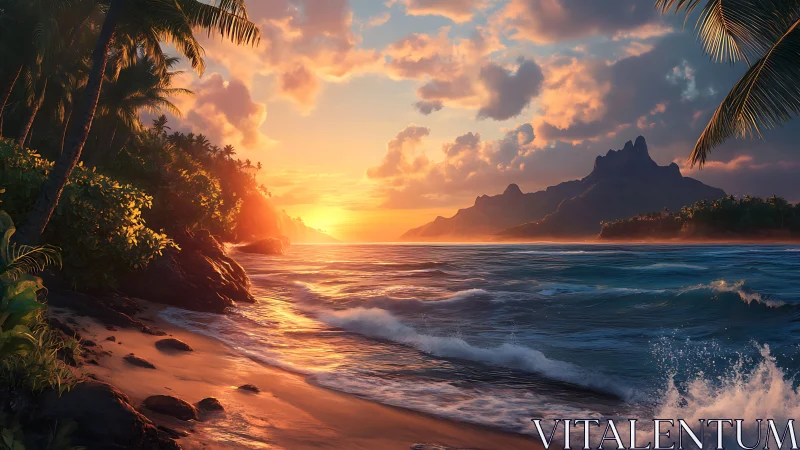 Tropical Sunset Beach with Mountain Peak and Palm Trees.