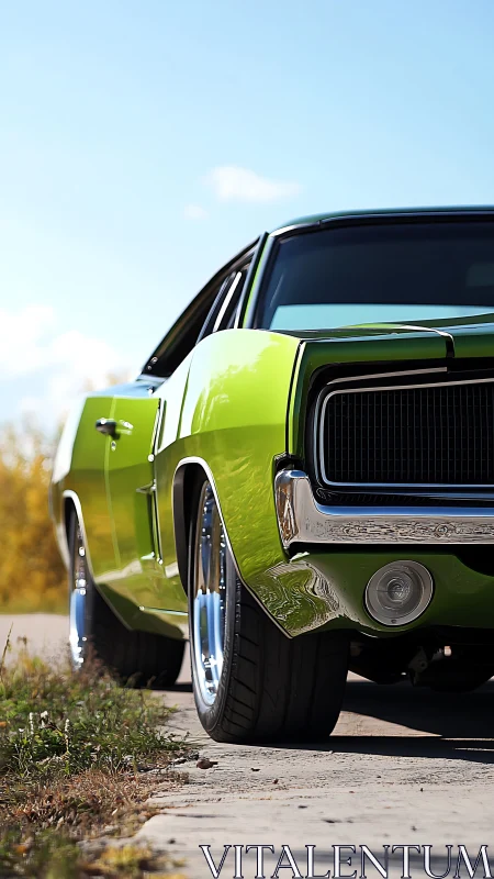 Lime green muscle car basking in bright open-road sunlight.