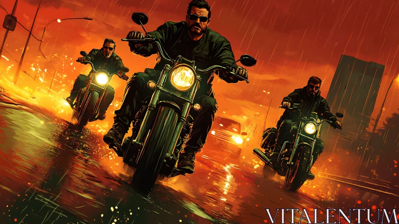Stormlit bikers carving fire trails through a neon rainstorm.