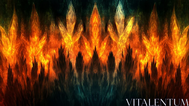 Fiery crystal blooms rise from dark embers in vivid light