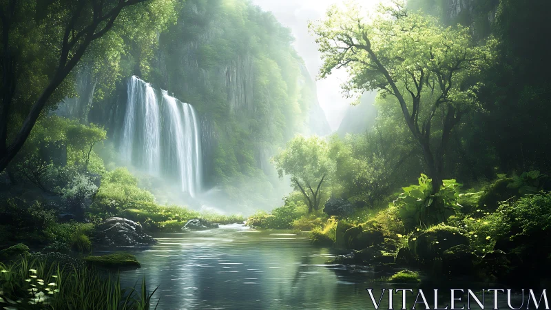 Gentle waterfall haven wrapped in luminous forest light.