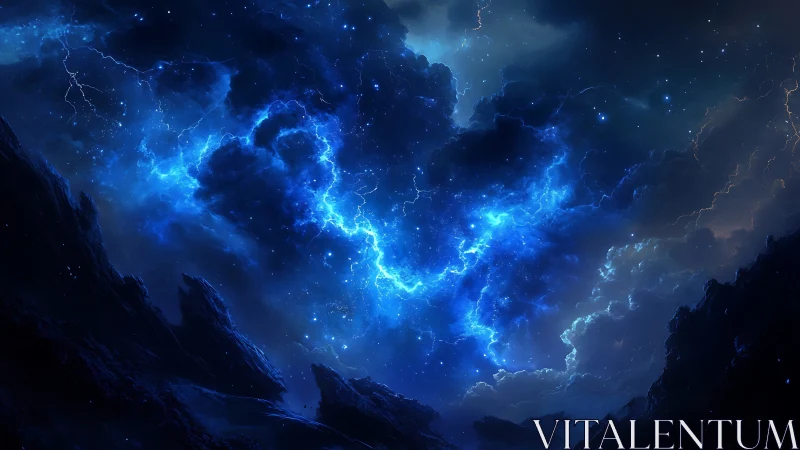 Stormlit cosmic clouds glow brightly above dark jagged cliffs