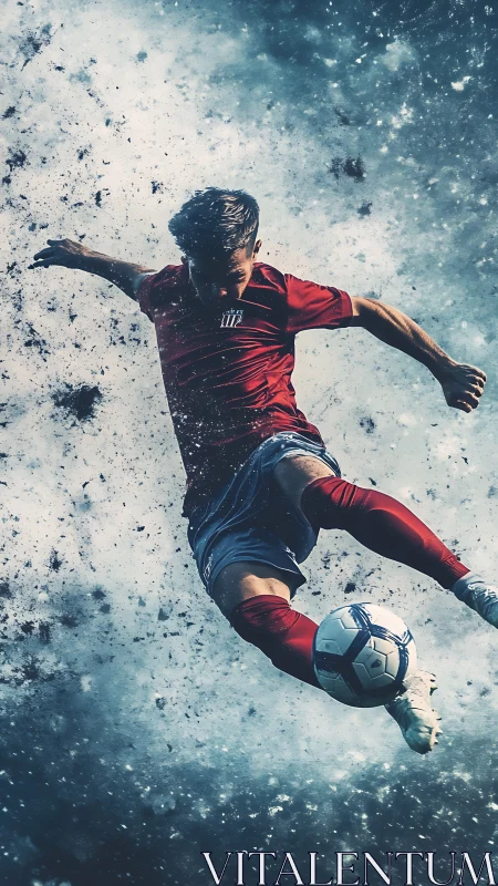 Soccer player mid-air kick against textured cloudy backdrop.