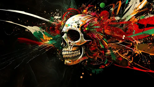 Human skull with dynamic abstract paint explosion artwork.