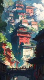 Skyward red mountain city stacked in lantern-lit tiers.