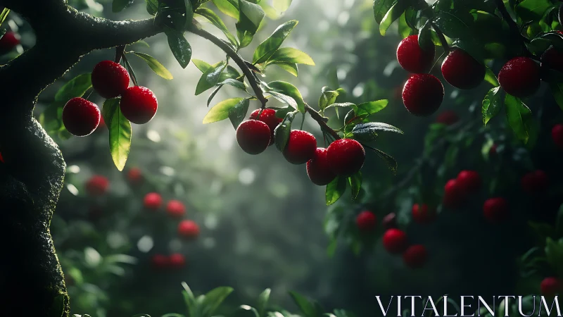 Red cherries hang on wet branches in soft forest light