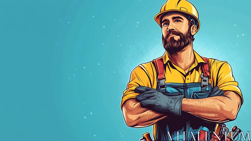 Construction worker illustration with tools on blue background.