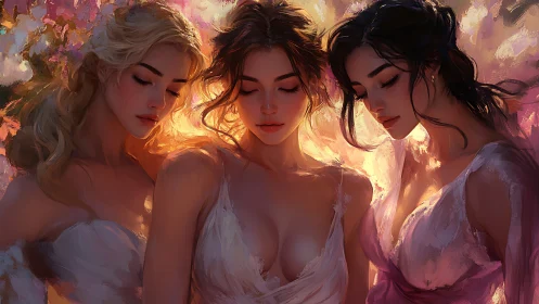 Three Elegant Women in Dreamy Impressionist Floral Setting.