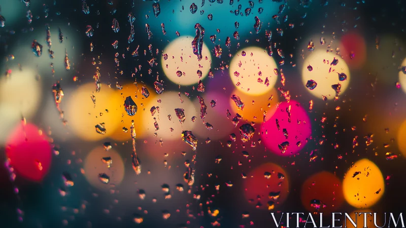 Raindrops on glass with neon city bokeh at night.