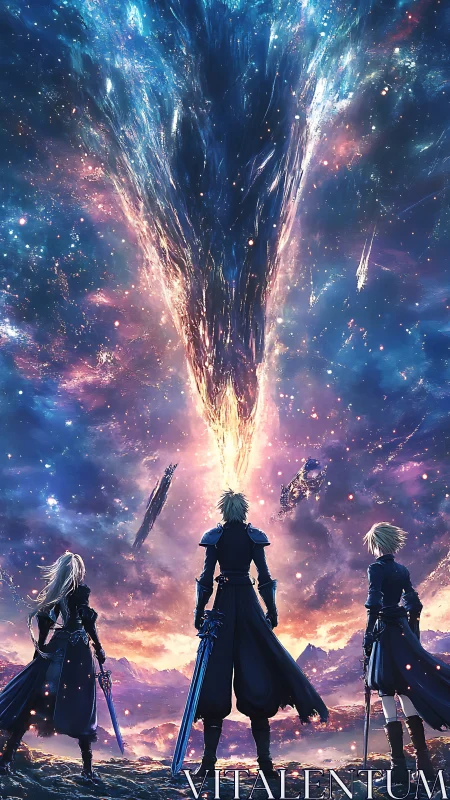 Warriors confront a blazing cosmic rift above ruined mountains