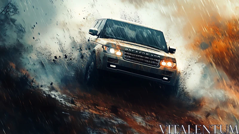Off-road SUV drifting through heavy rain and high-velocity mud spray