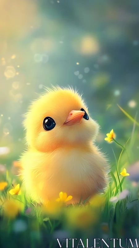Digital rendering depicts stylized chick in soft meadow lighting