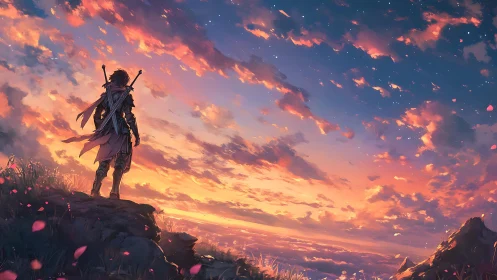 Sword-bearing wanderer overlooks radiant sunset horizon