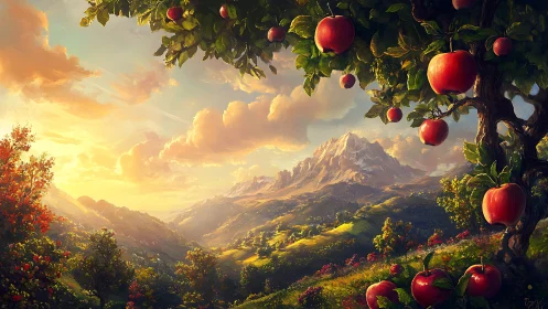 Sunlit apple valley dreaming beneath snowcapped guardians.