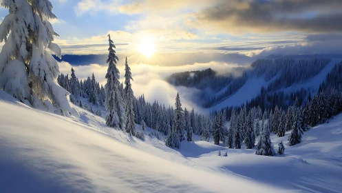 Low-angle winter valley with sunlit fog and dense snow-laden conifers