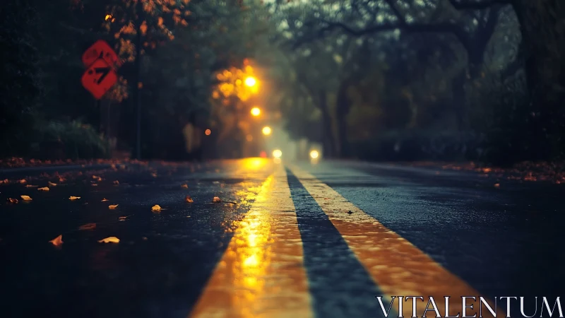 Rain-slicked lane hums softly beneath drifting streetlight glow