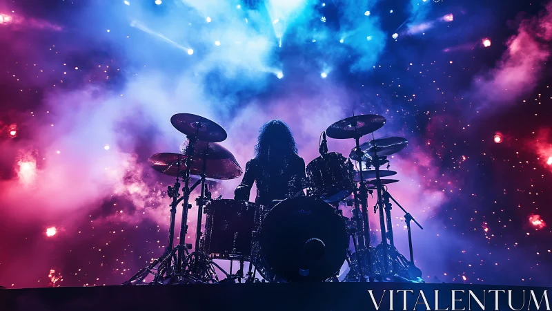 Silhouetted rock drummer on arena stage with bicolor concert haze