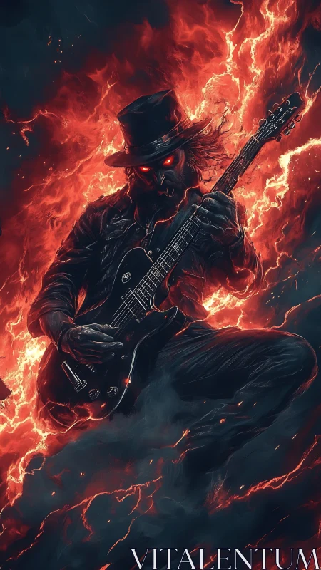 Flaming guitar reaper shreds amid infernal storm of fire.