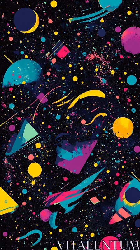 Neon planets collide in a playful abstract cosmic sprayscape.