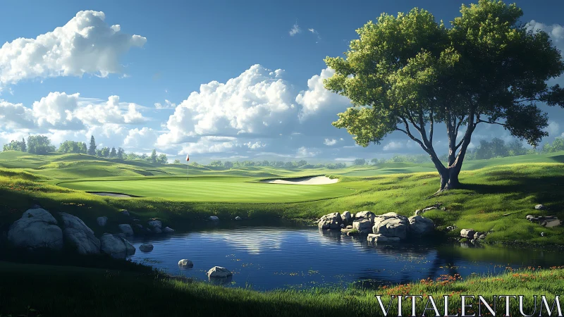 Lakeside golf green under cumulus sky and single shade tree