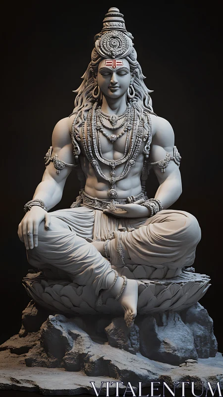 Serene stone deity sits in meditation with graceful detail