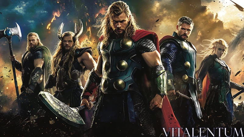 Armored fantasy warriors stand united in fiery battlefield.