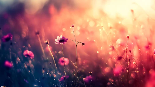 Cosmos flowers in soft-focus golden light at dusk.