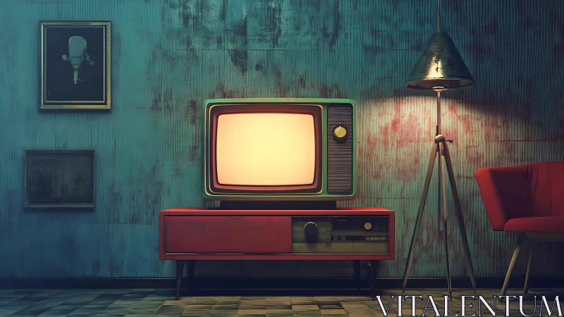 Retro CRT television glows in dim midcentury style lounge
