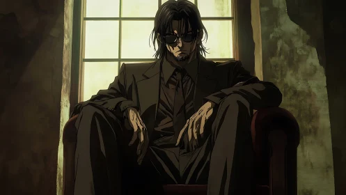 Anime noir crime boss in chiaroscuro interior composition.