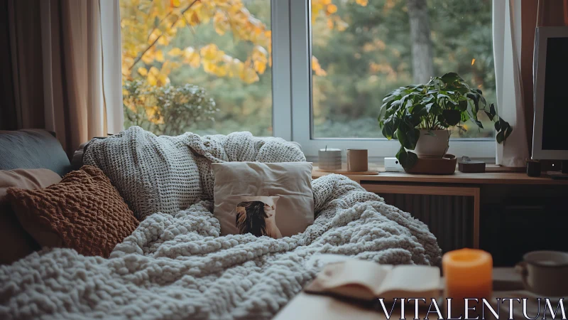 Cozy sofa nook with knits, autumn window light, and candle glow.