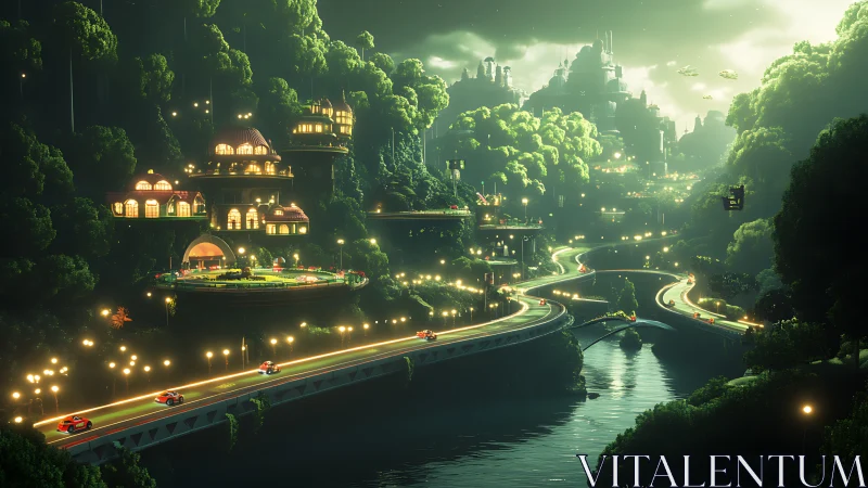 Bioluminescent eco-megacity with multilayered transit corridors.