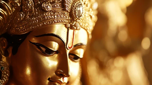 Golden goddess sculpture glows softly in devotional light