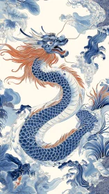 Coiled blue dragon rendered amid stylized cresting waves
