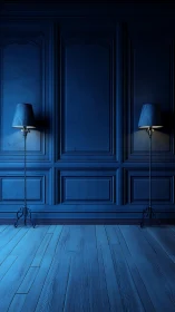 Symmetric blue paneled wall with twin floor lamps glowing.