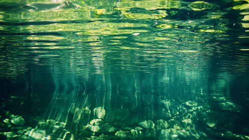Underwater river view with stones and light rays.