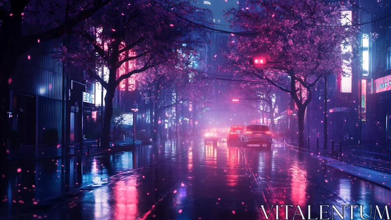 Cyberpunk neon boulevard under rain with sakura canopy glow.