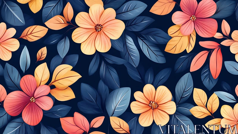 Blooming Garden Dance With Warm Peachy Florals and Navy Leaves